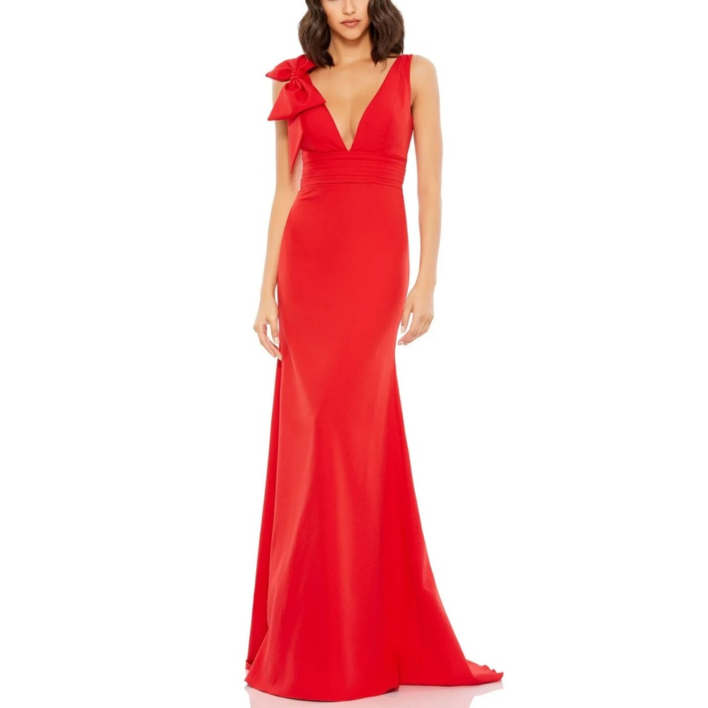 Mac Duggal 49454 Red V Neck Bow Shoulder Mermaid Gown Formal Evening Size 2